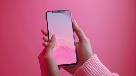 Female hands holding a phone with a pink screen on a pink backgroundの素材