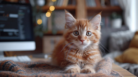 Cute ginger kitten lying on sofa at home. fluffy petの素材
