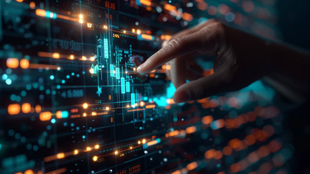 Businessman hand touching virtual screen with financial chart. 3d renderingの素材