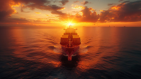 Cargo ship in the sea at sunset. 3d rendered illustrationの素材