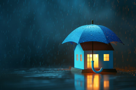 3D rendering of a house under a blue umbrella in the rainの素材