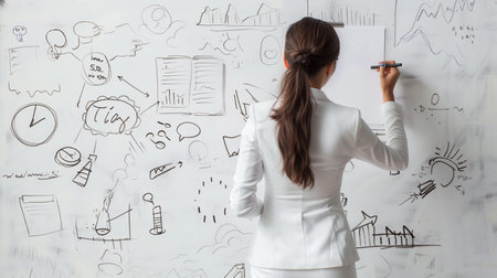 Young businesswoman writing on a whiteboard in the office. business conceptの素材