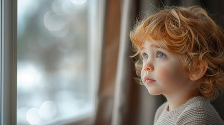 Portrait of a cute little boy sitting on the windowsill.の素材