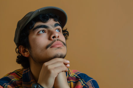 Portrait of a young man looking up on a yellow background.の素材