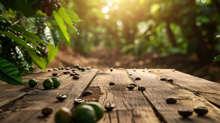 Coffee beans on wooden table in coffee plantation with sun lightの素材