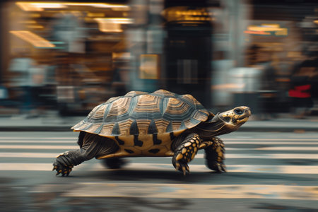 tortoise on the road in the city with motion blur effectの素材