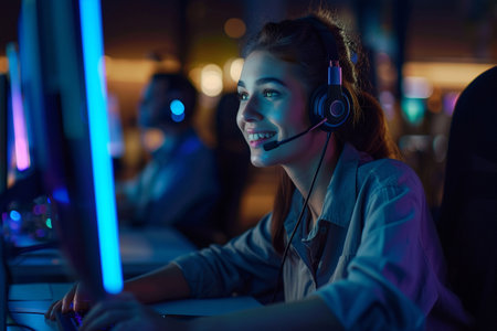 Portrait of young female gamer with headset playing online video game at nightの素材