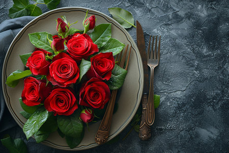 Table setting with red roses on dark background. Top view with copy spaceの素材