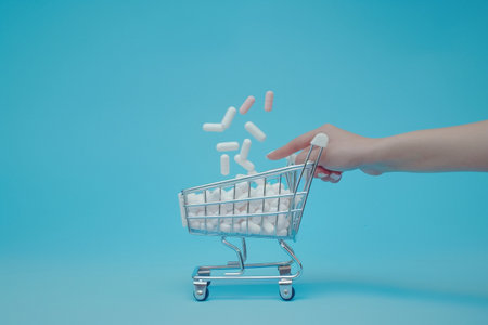 Hand holding shopping cart with pills on blue background. Health care concept.の素材