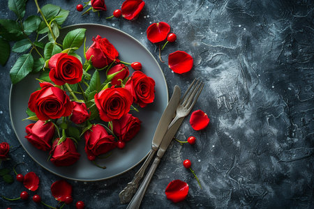 Festive table setting for Valentine's Day with red roses and cutlery on dark backgroundの素材