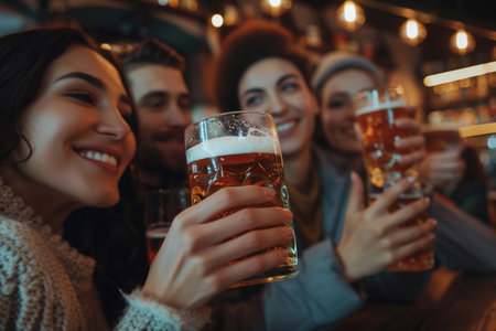 Group of friends drinking beer and having fun in pub. They are smiling and looking at the camera.の素材
