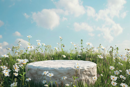 White stone podium in the grass with daisies and blue skyの素材