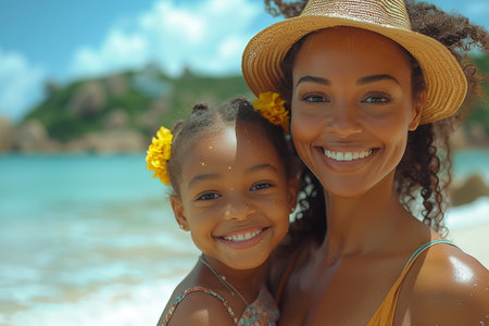 Portrait of happy african american mother and daughter on beachの素材