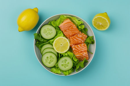 Salmon salad with cucumber and lemon on blue background, top viewの素材