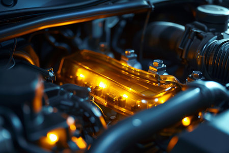 Close up of a car engine with lights. 3d rendering.の素材
