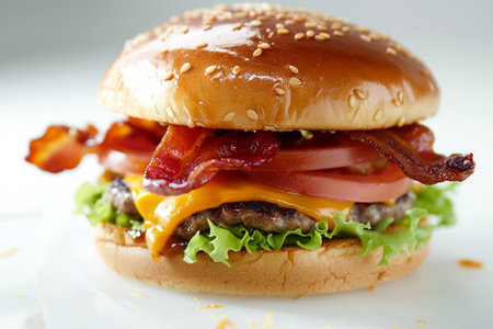 Cheese burger - American cheese burger with fresh salad and bacon.の素材