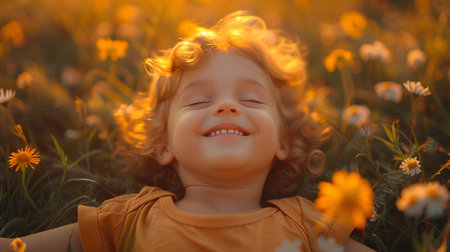Little girl lying in a field of daisies at sunset.の素材