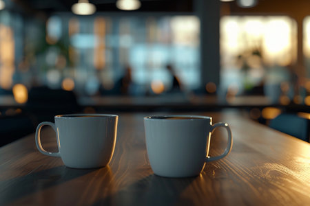 Coffee cup on wooden table in coffee shop, stock photoの素材