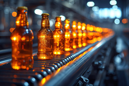 Bottle of beer on conveyor belt in factory. industrial backgroundの素材