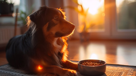 Dog and bowl of dry food in the living room at sunset.の素材
