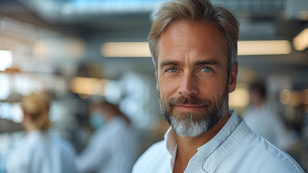 Portrait of confident mature male chef looking at camera in commercial kitchenの素材