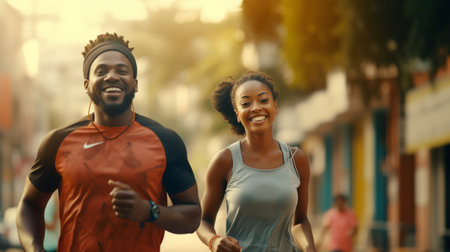 Happy african american couple jogging together on the street.の素材