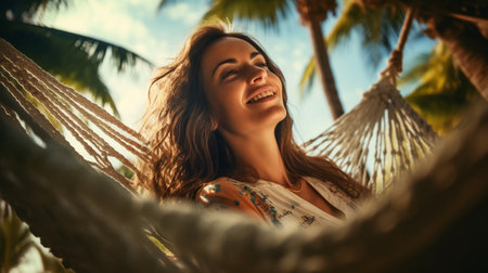 Young woman relaxing in hammock on the beach. Summer vacation concept.の素材