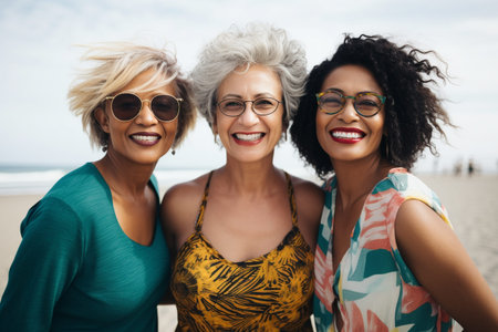 Portrait of three diverse women in sunglasses smiling at camera on the beachの素材