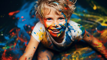 Portrait of a cute little boy playing with paints on the floor.の素材