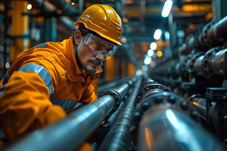 Industrial worker in uniform and hard hat working in a factory.の素材