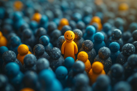 Funny yellow man with blue and orange bubbles. 3d illustrationの素材