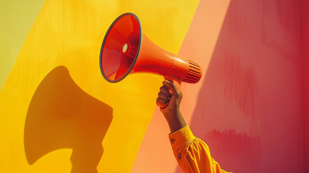 Male hand holding a megaphone on the background of the orange wallの素材