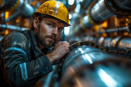 Engineer in helmet and uniform working in power plant. industrial backgroundの素材