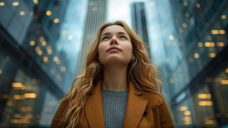 Portrait of a beautiful young woman in a yellow coat in the cityの素材
