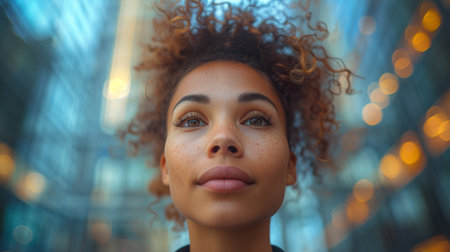 Portrait of young beautiful african american woman with curly hair.の素材