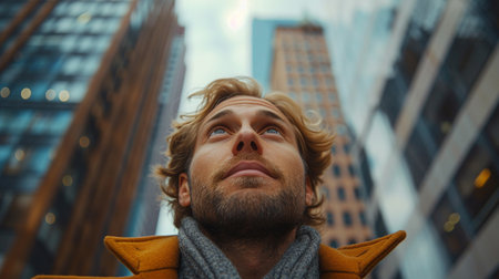 Low angle view of young man looking away while standing against skyscrapersの素材