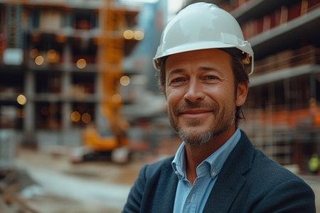 Architect in hardhat. Portrait of handsome mature man in hardhat looking at camera and smiling while standing outdoorsの素材