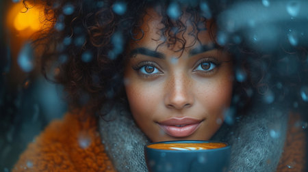 Beautiful african american woman with cup of coffee in winterの素材