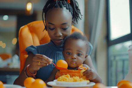 african american mother feeding her baby daughter with pasta at homeの素材