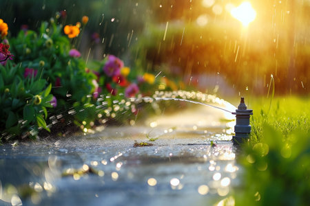 Sprinkler watering the flowerbed in the garden at sunset.の素材