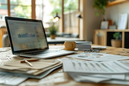 business documents on wooden table with laptop and coffee cup in modern officeの素材