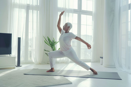 Elderly woman practicing yoga at home. Healthy lifestyle concept.の素材