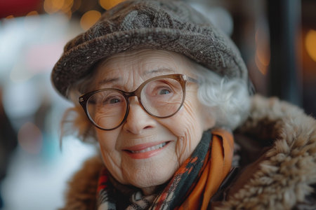 Portrait of smiling senior woman wearing eyeglasses at Christmas marketの素材