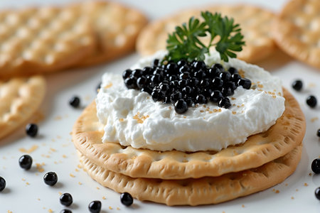 Crispbread with cream cheese and black caviar on white backgroundの素材