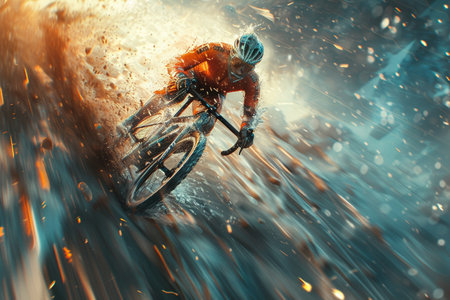 Cyclist Riding the Mountain Bike Down the Rocky Trail. Extreme Sport Concept. 3D Rendering.の素材