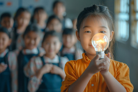 Cute asian little child girl holding light bulb in classroom. Education concept.の素材