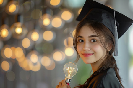 asian woman in graduation cap holding lightbulb with bokeh backgroundの素材
