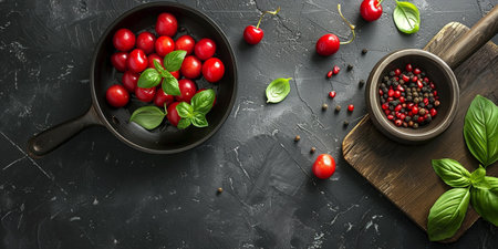 Fresh cherry tomatoes and basil on black stone background. Top view with copy spaceの素材
