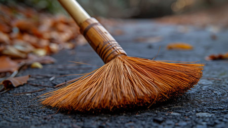 Broom on the road in the autumn forest, close-upの素材