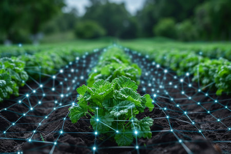 Green beet seedlings growing on a polygonal grid in a greenhouseの素材